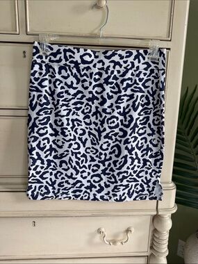 Persifor Navy and White Leopard-Print Stretch Mini Skirt size M